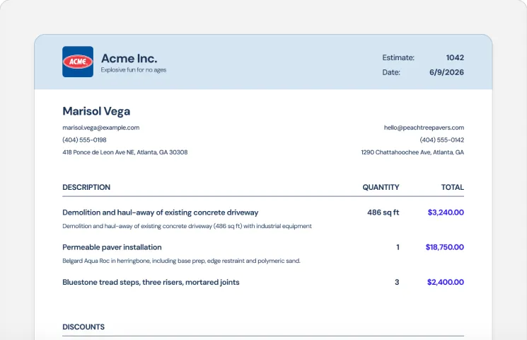 Estimate document with the client details, line items, quantities, and totals.