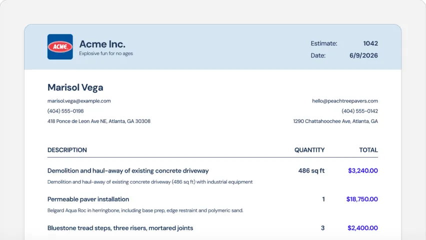 Estimate document with the client details, line items, quantities, and totals.