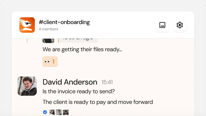 A client onboarding channel, with a thread of messages, a reaction, and read indicators.