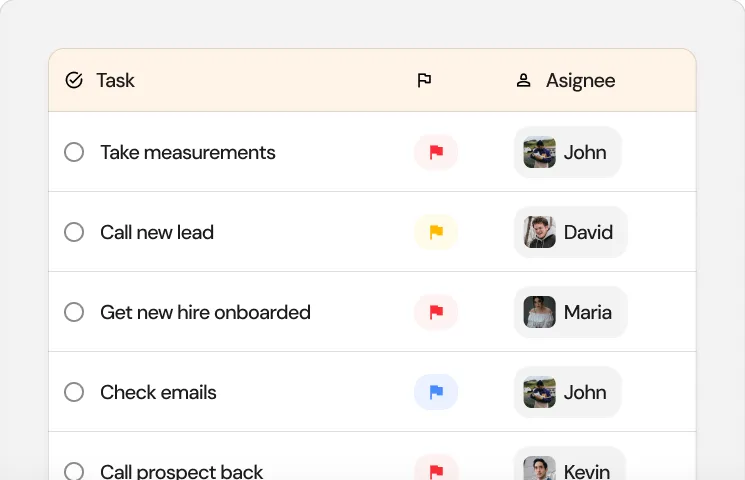 Task list with a row per task, a priority flag, and the teammate it is assigned to.
