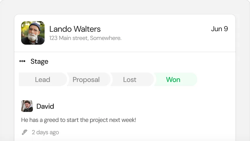 Lead record showing the contact, a Lead to Won stage tracker, and the latest note from the owner.