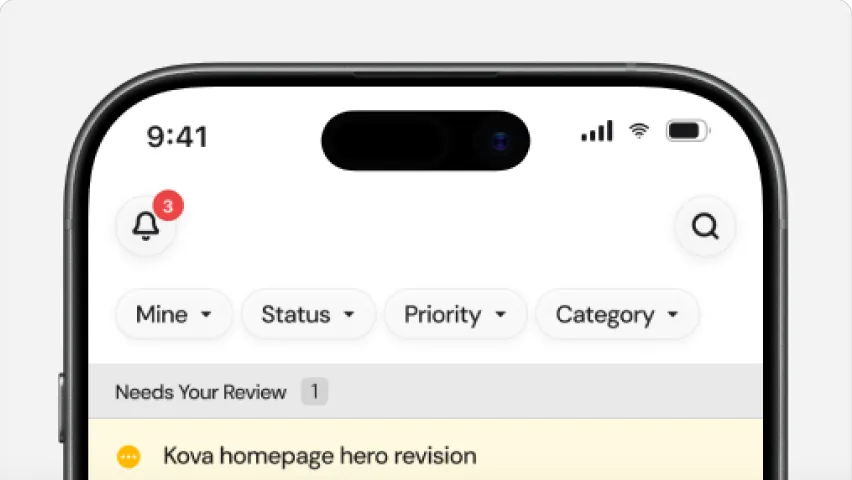 The task list on a phone, with filter pills across the top and a Needs Your Review group.