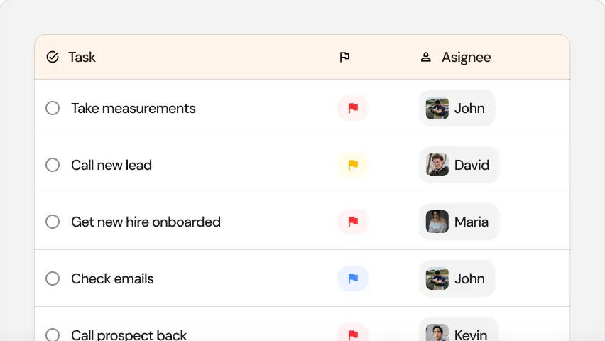 Task list with a row per task, a priority flag, and the teammate it is assigned to.