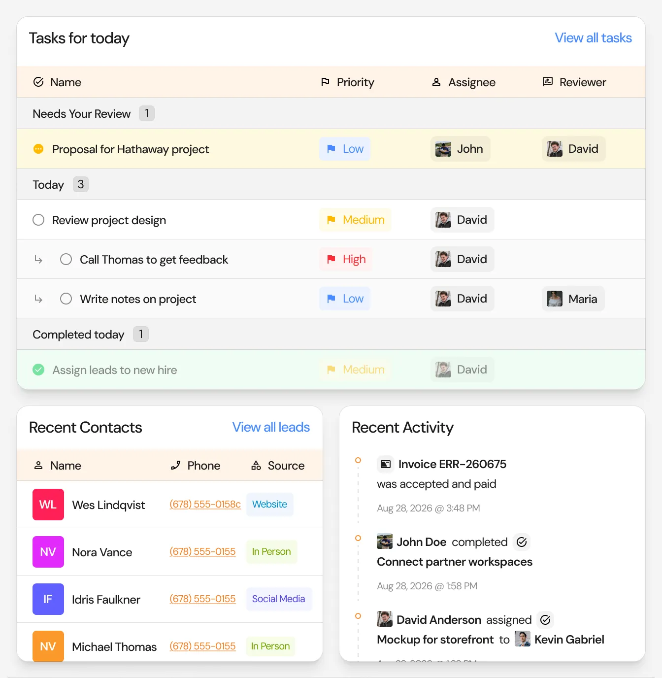 The Erre OS home panel, with today's tasks and their reviewers above recent contacts and a feed of recent activity.