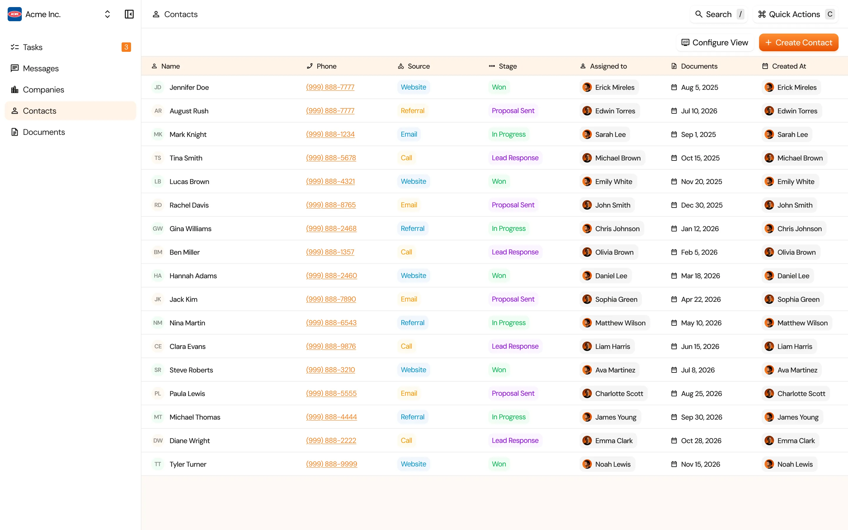 Erre OS contacts view, showing a table of contacts with phone, source, deal stage, assigned owner and documents.
